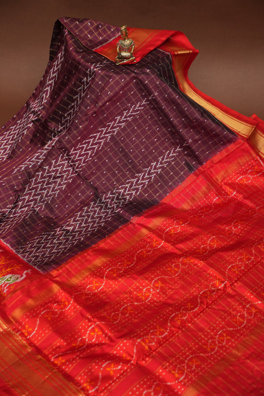 Pure Ikkat Soft Silk Saree - Coffee with Red