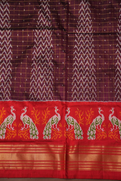 Pure Ikkat Soft Silk Saree - Coffee with Red