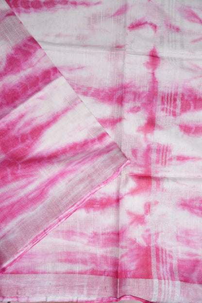 Pure Linen Shibori Print Saree - White & Pink