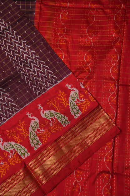 Pure Ikkat Soft Silk Saree - Coffee with Red