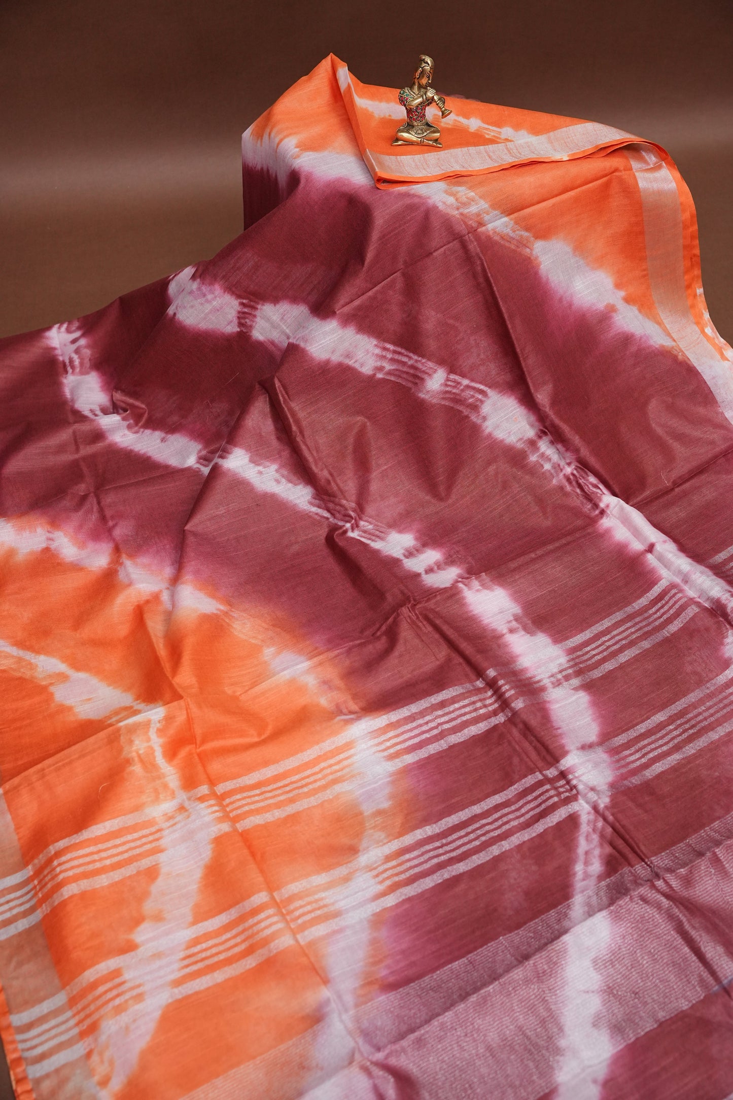 Pure Linen Shibori Print Saree - Orange & Maroon