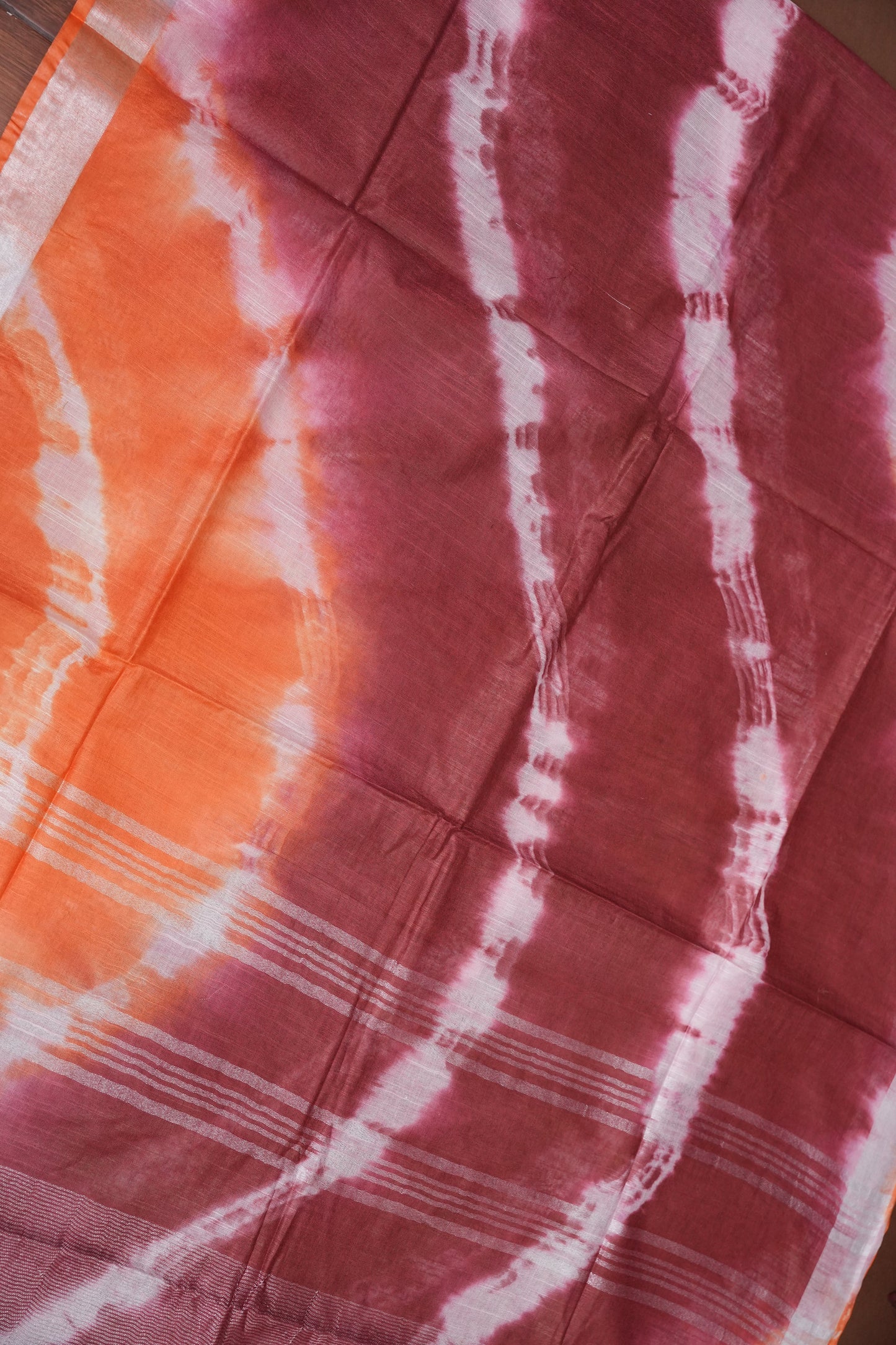 Pure Linen Shibori Print Saree - Orange & Maroon