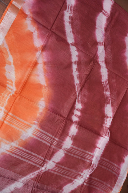 Pure Linen Shibori Print Saree - Orange & Maroon