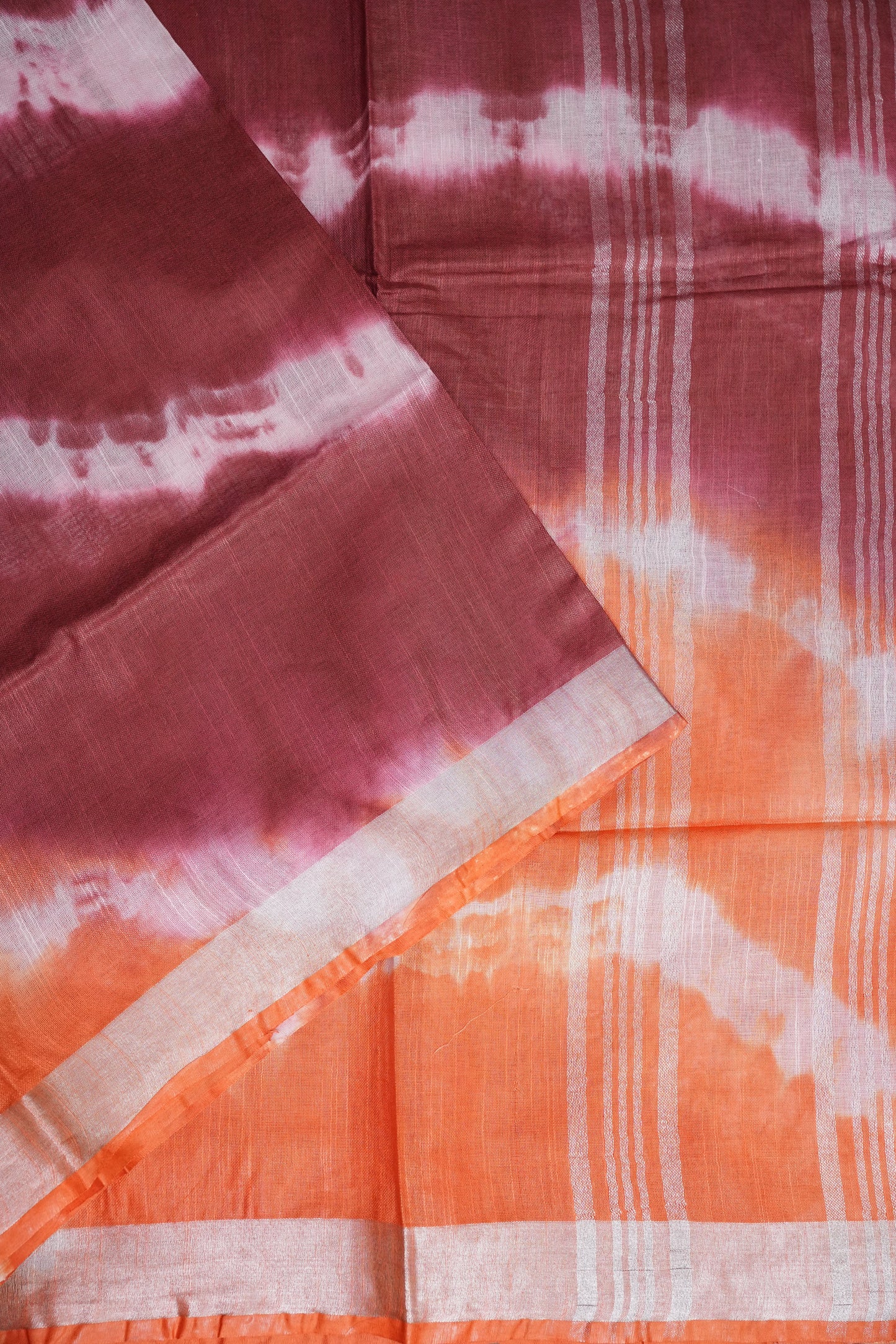 Pure Linen Shibori Print Saree - Orange & Maroon