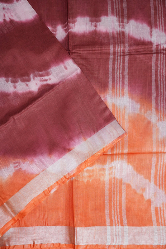 Pure Linen Shibori Print Saree - Orange & Maroon