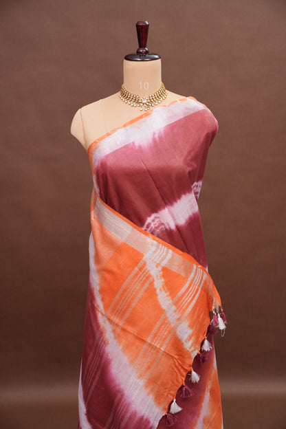 Pure Linen Shibori Print Saree - Orange & Maroon
