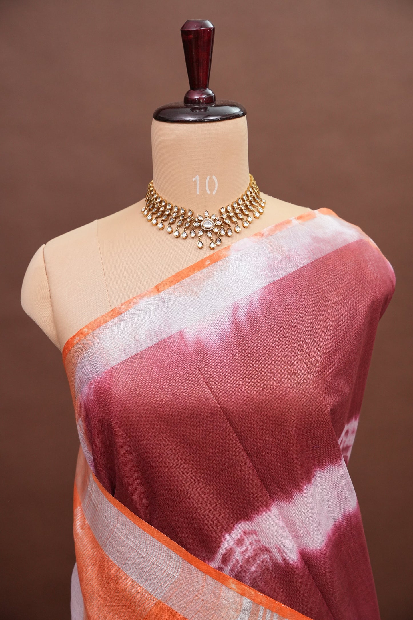 Pure Linen Shibori Print Saree - Orange & Maroon