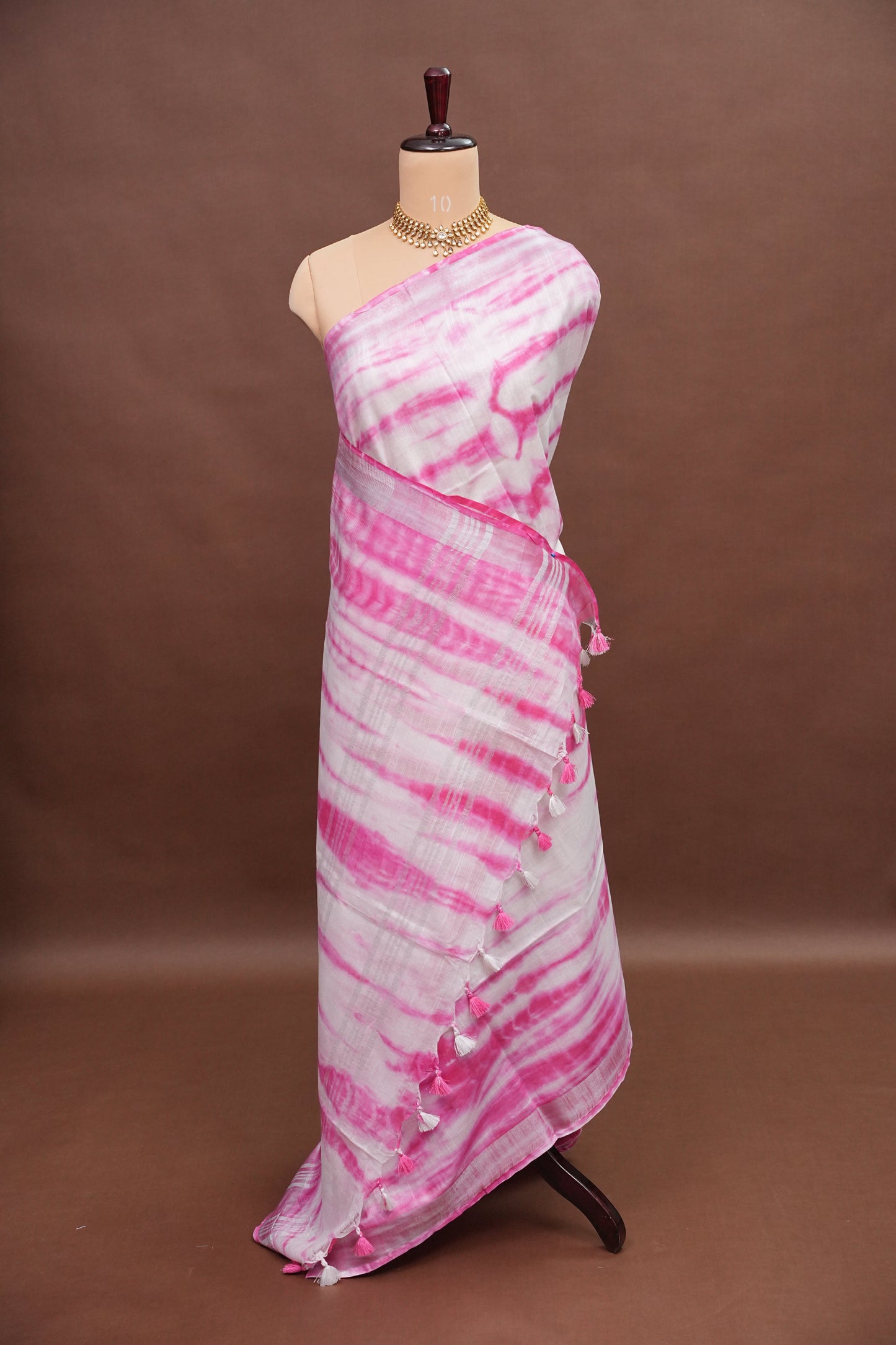Pure Linen Shibori Print Saree - White & Pink