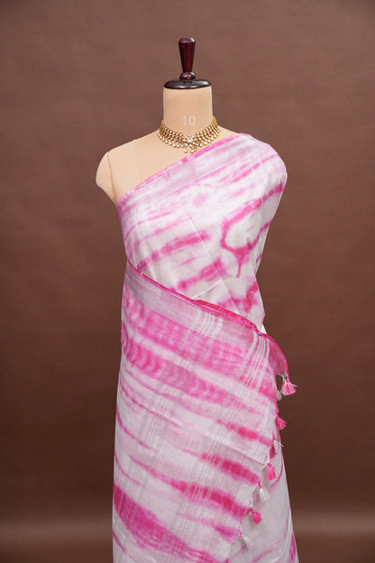 Pure Linen Shibori Print Saree - White & Pink