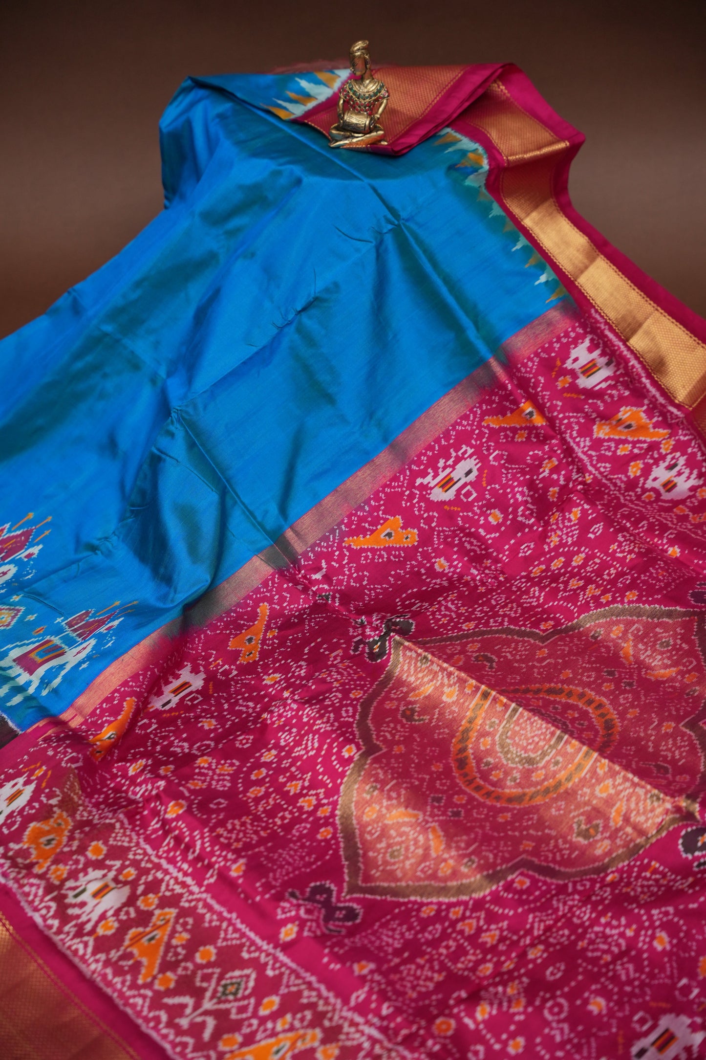 Pure Ikkat Soft Silk Saree - Teal Blue & Rani Pink