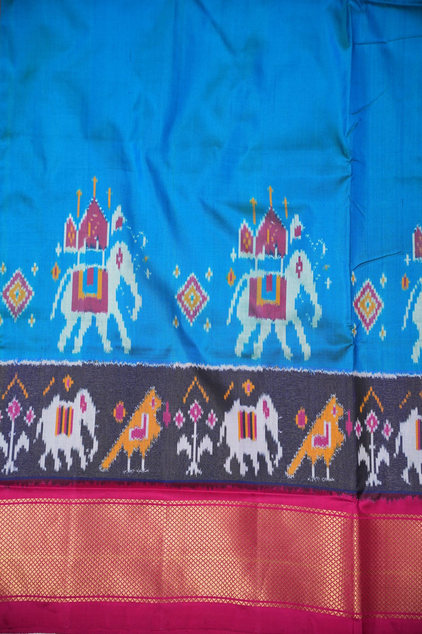 Pure Ikkat Soft Silk Saree - Teal Blue & Rani Pink