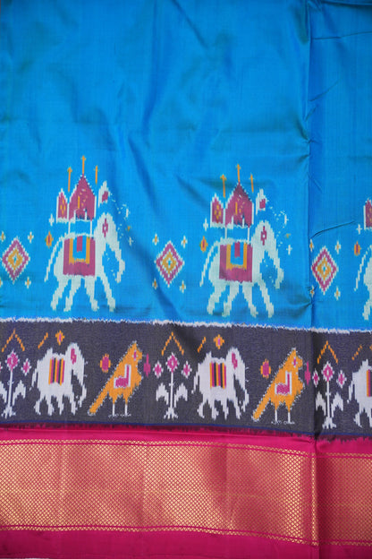 Pure Ikkat Soft Silk Saree - Teal Blue & Rani Pink