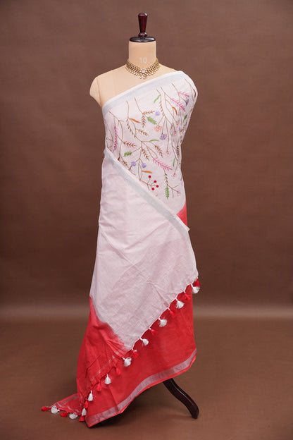 Hand Embroidery Pure Linen Saree with Tissue Border - Red & White Ombre