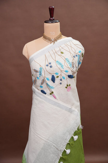 Hand Embroidery Pure Linen Saree With Tissue Border - Sage Green and White Ombre