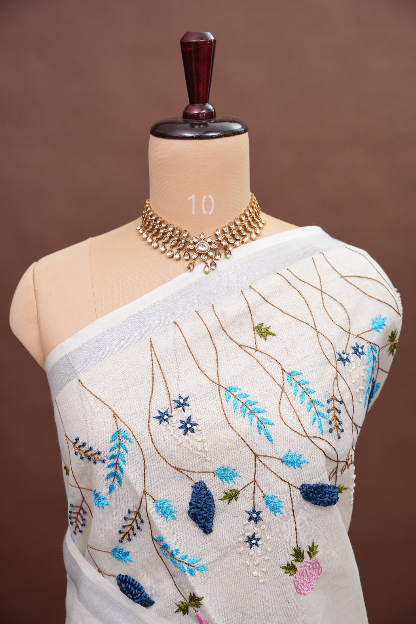 Hand Embroidery Pure Linen Saree With Tissue Border - Sage Green and White Ombre