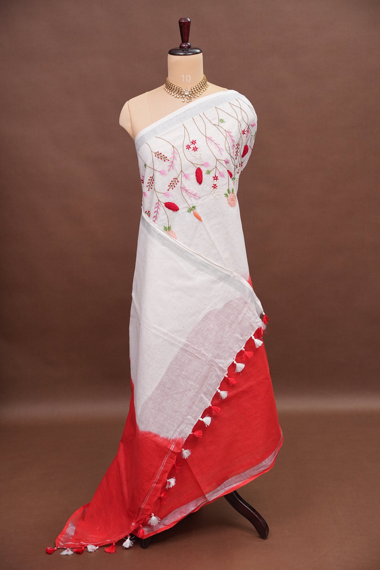 Hand Embroidery Pure Linen Saree With Tissue Border - Red and White Ombre