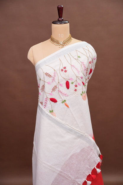 Hand Embroidery Pure Linen Saree With Tissue Border - Red and White Ombre