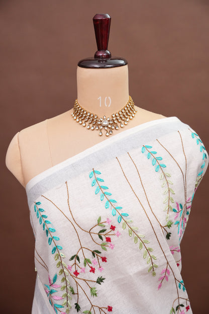 Hand Embroidery Pure Linen Saree With Tissue Border - Olive Green and White Ombre