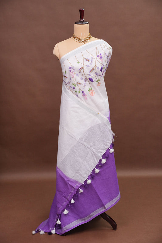 Hand Embroidery Pure Linen Saree With Tissue Border - Purple and White Ombre