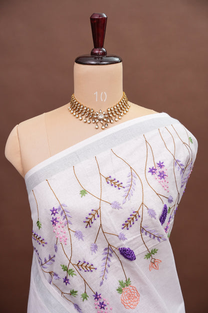Hand Embroidery Pure Linen Saree With Tissue Border - Purple and White Ombre