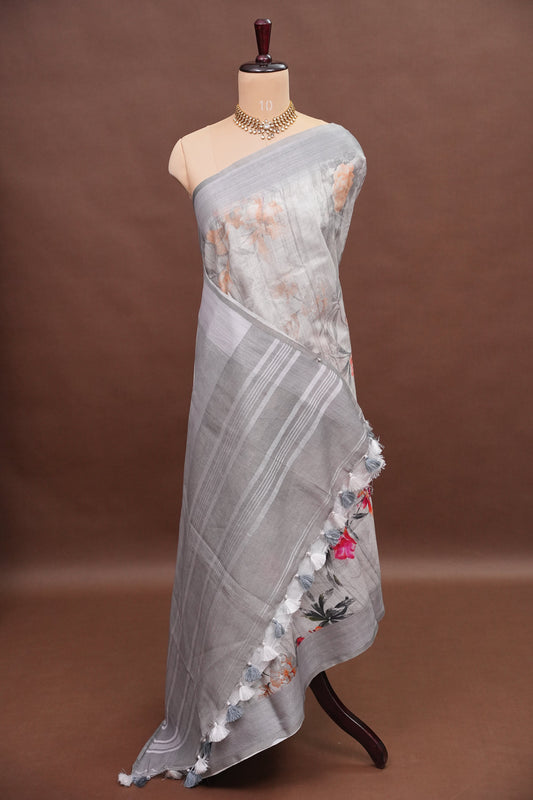 Digital Printed Pure Linen Saree - White & Grey
