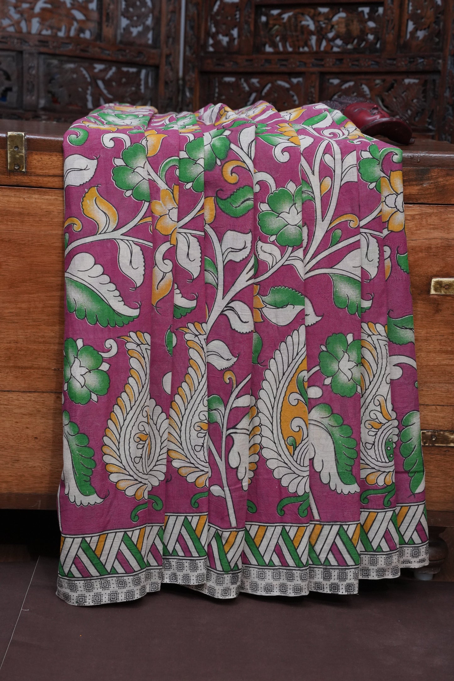 Pure Cotton Saree with Digital Kalamkari Prints - Pink & White