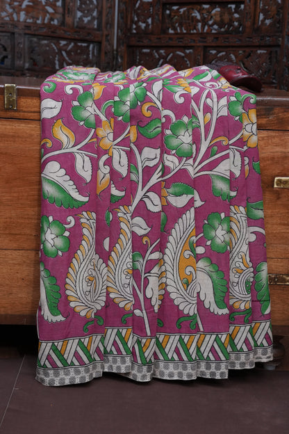 Pure Cotton Saree with Digital Kalamkari Prints - Pink & White