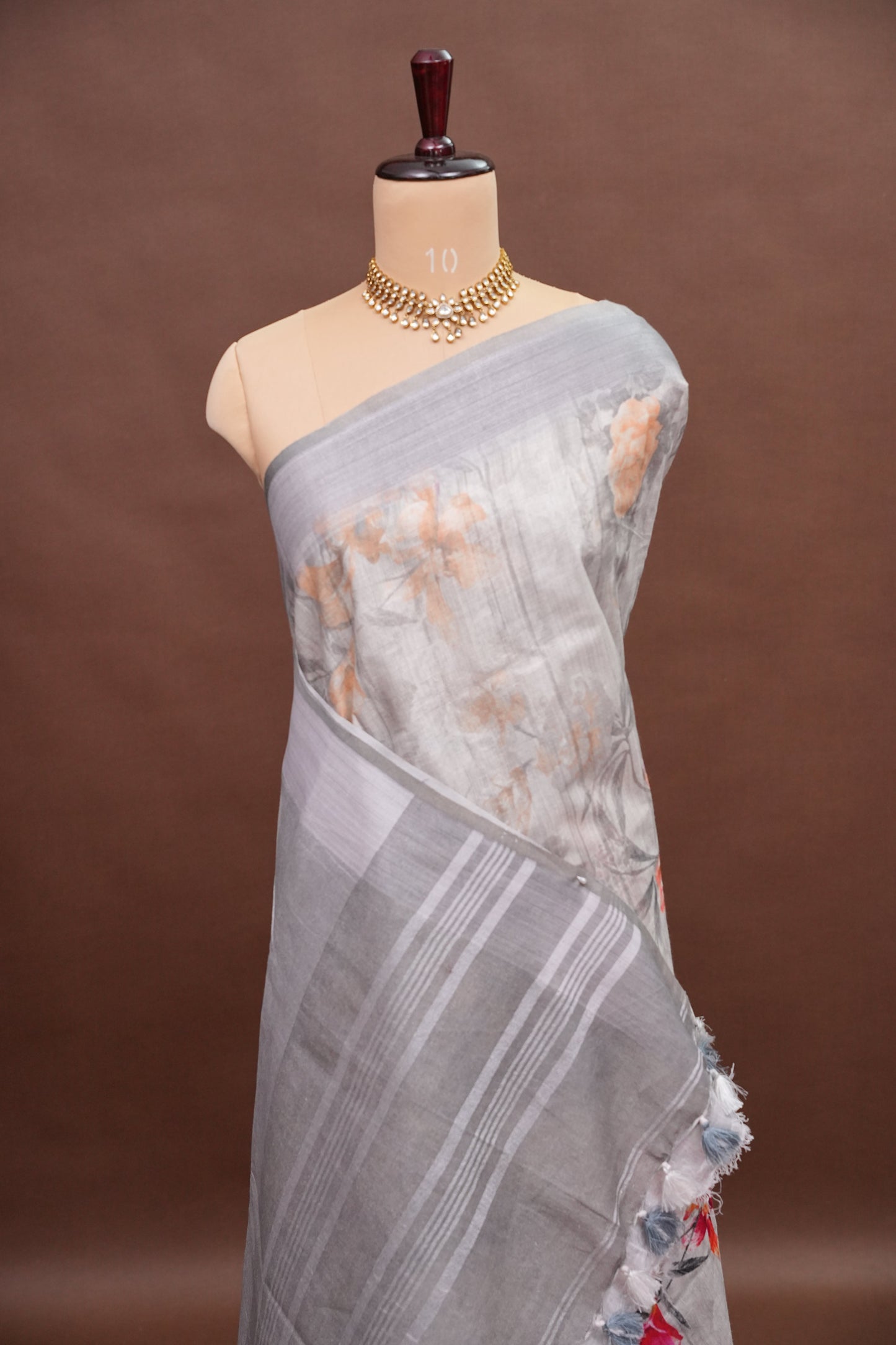 Digital Printed Pure Linen Saree - White & Grey