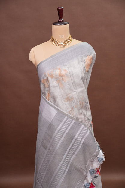 Digital Printed Pure Linen Saree - White & Grey