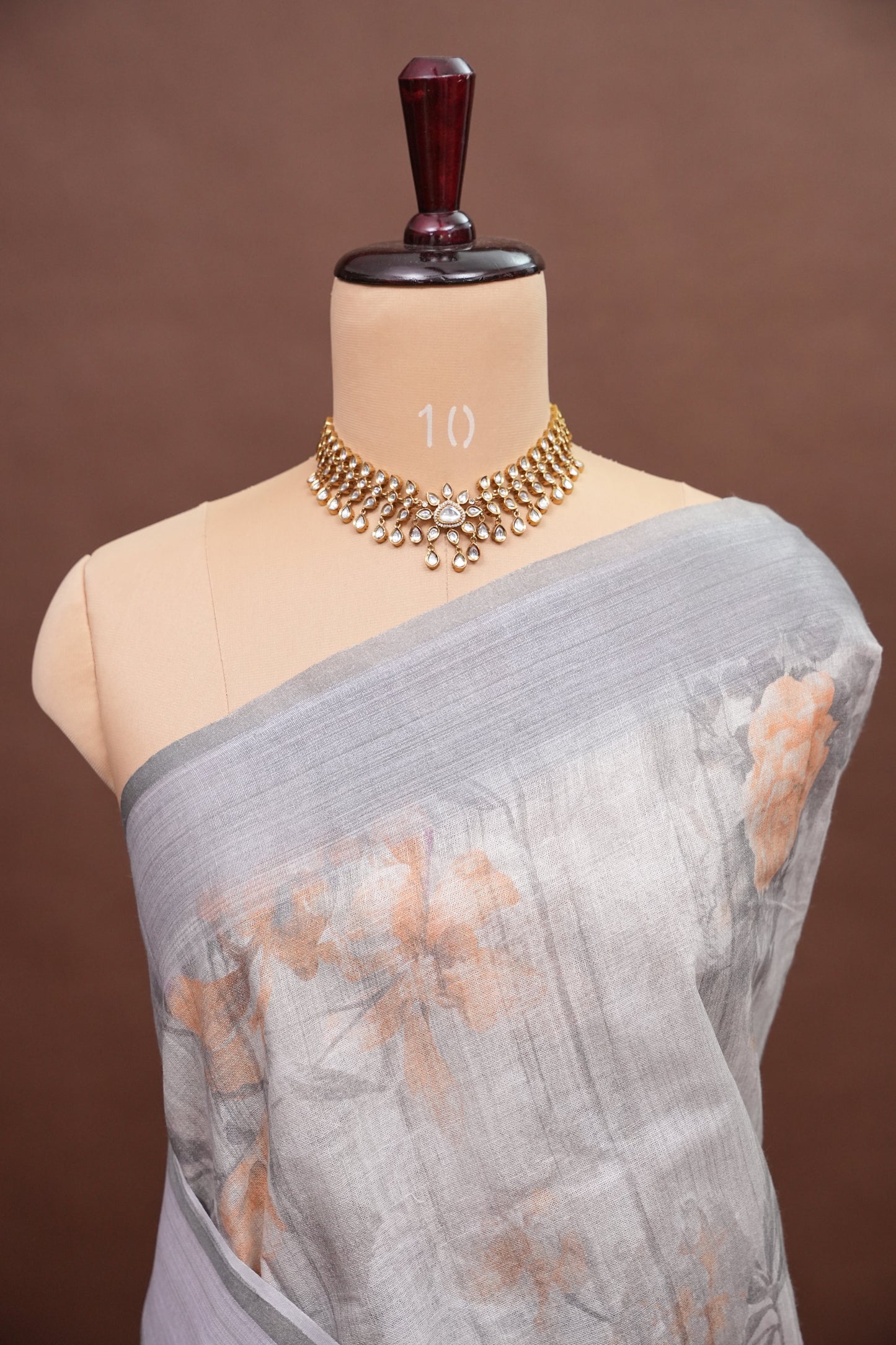 Digital Printed Pure Linen Saree - White & Grey