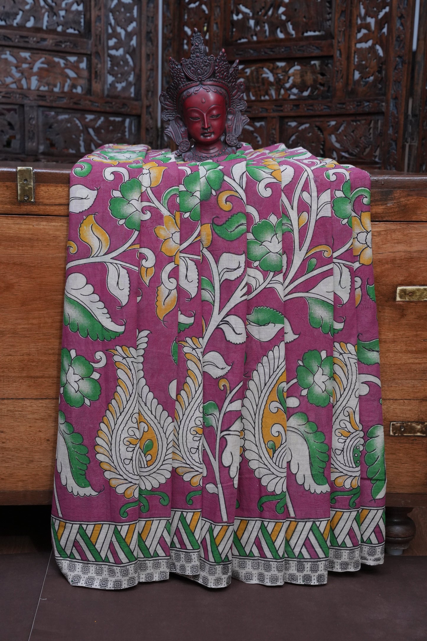 Pure Cotton Saree with Digital Kalamkari Prints - Pink & White