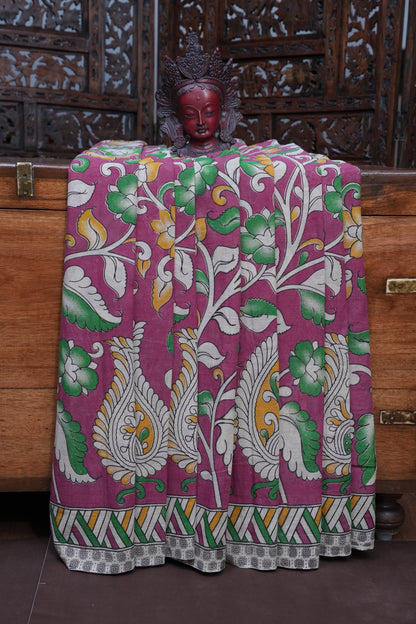 Pure Cotton Saree with Digital Kalamkari Prints - Pink & White