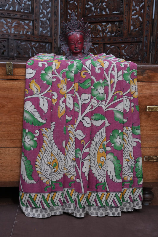 Pure Cotton Saree with Digital Kalamkari Prints - Pink & White