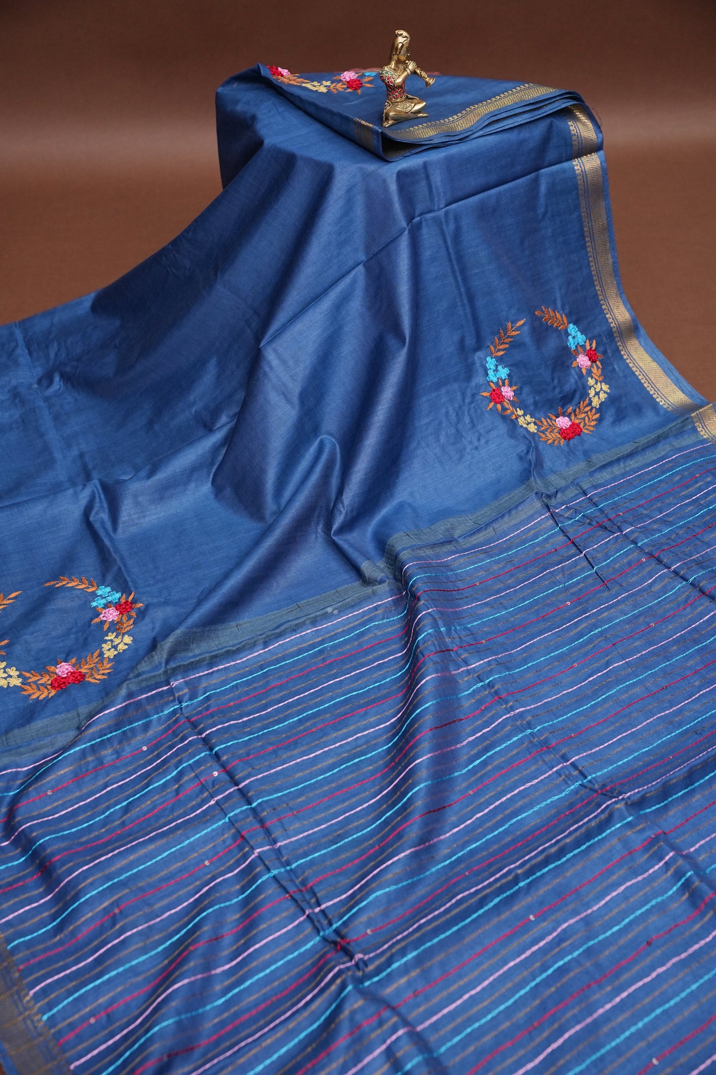 Hand Embroidery Pure Linen Silk Saree With Gold Zari Border - Steel Blue