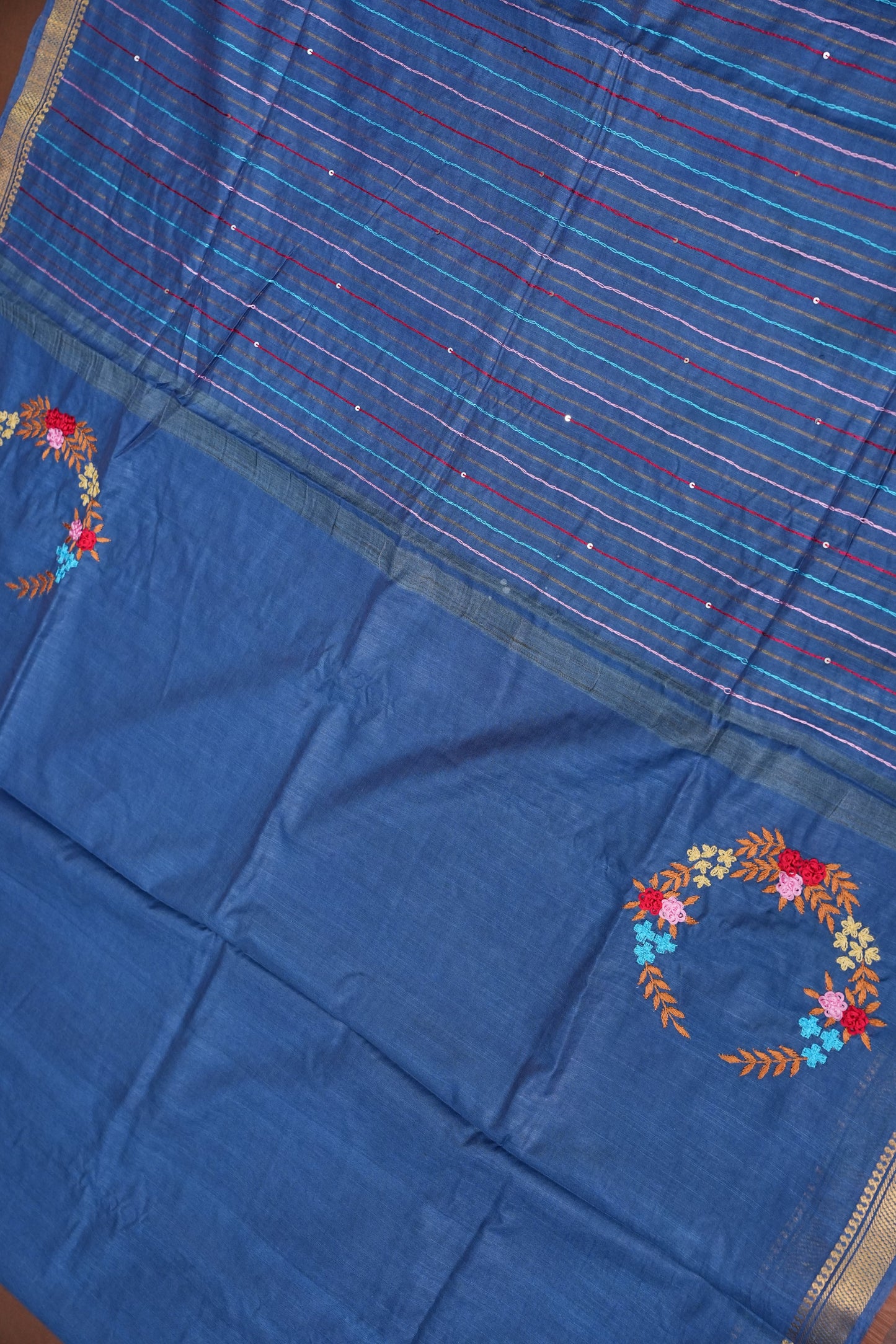 Hand Embroidery Pure Linen Silk Saree With Gold Zari Border - Steel Blue