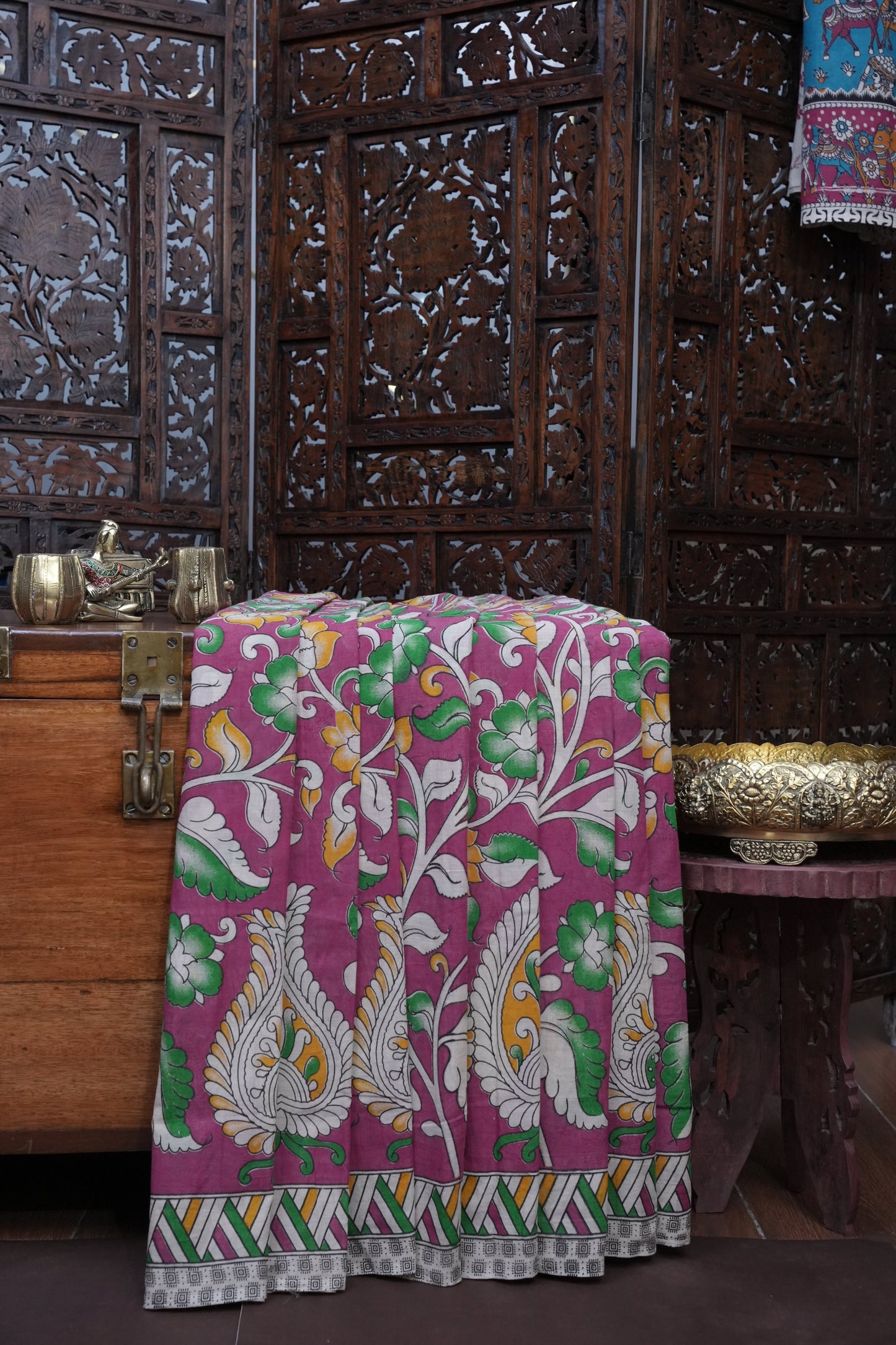 Pure Cotton Saree with Digital Kalamkari Prints - Pink & White