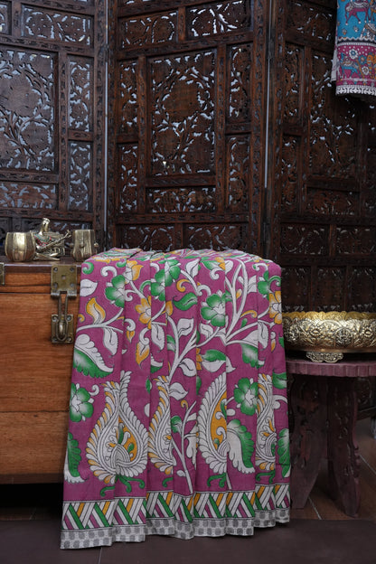 Pure Cotton Saree with Digital Kalamkari Prints - Pink & White