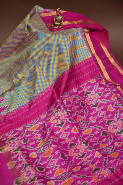 Pure Ikkat Soft Silk Saree - Pistachio Green & Pink