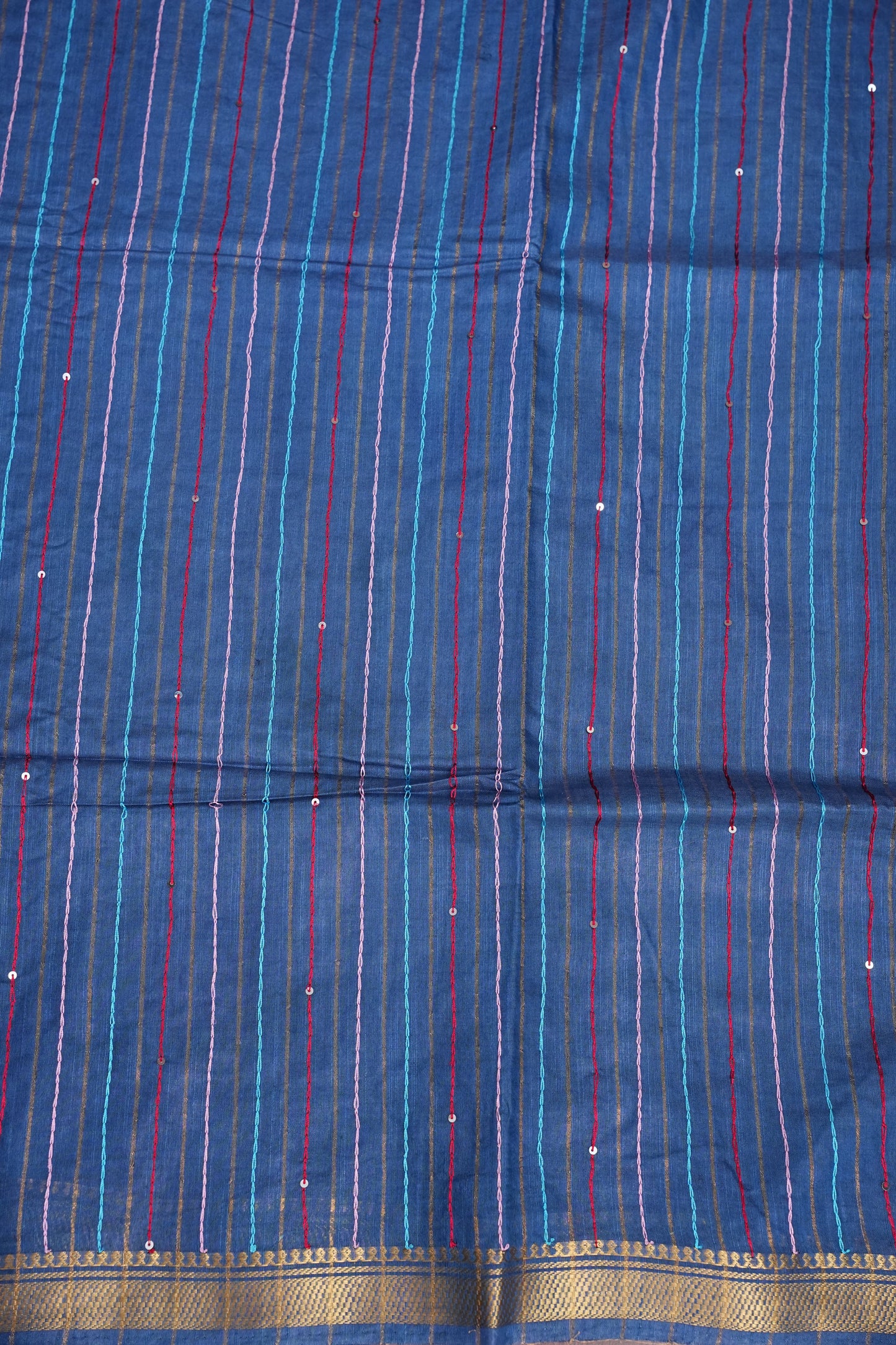 Hand Embroidery Pure Linen Silk Saree With Gold Zari Border - Steel Blue