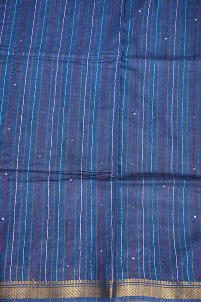 Hand Embroidery Pure Linen Silk Saree With Gold Zari Border - Steel Blue