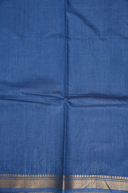 Hand Embroidery Pure Linen Silk Saree With Gold Zari Border - Steel Blue