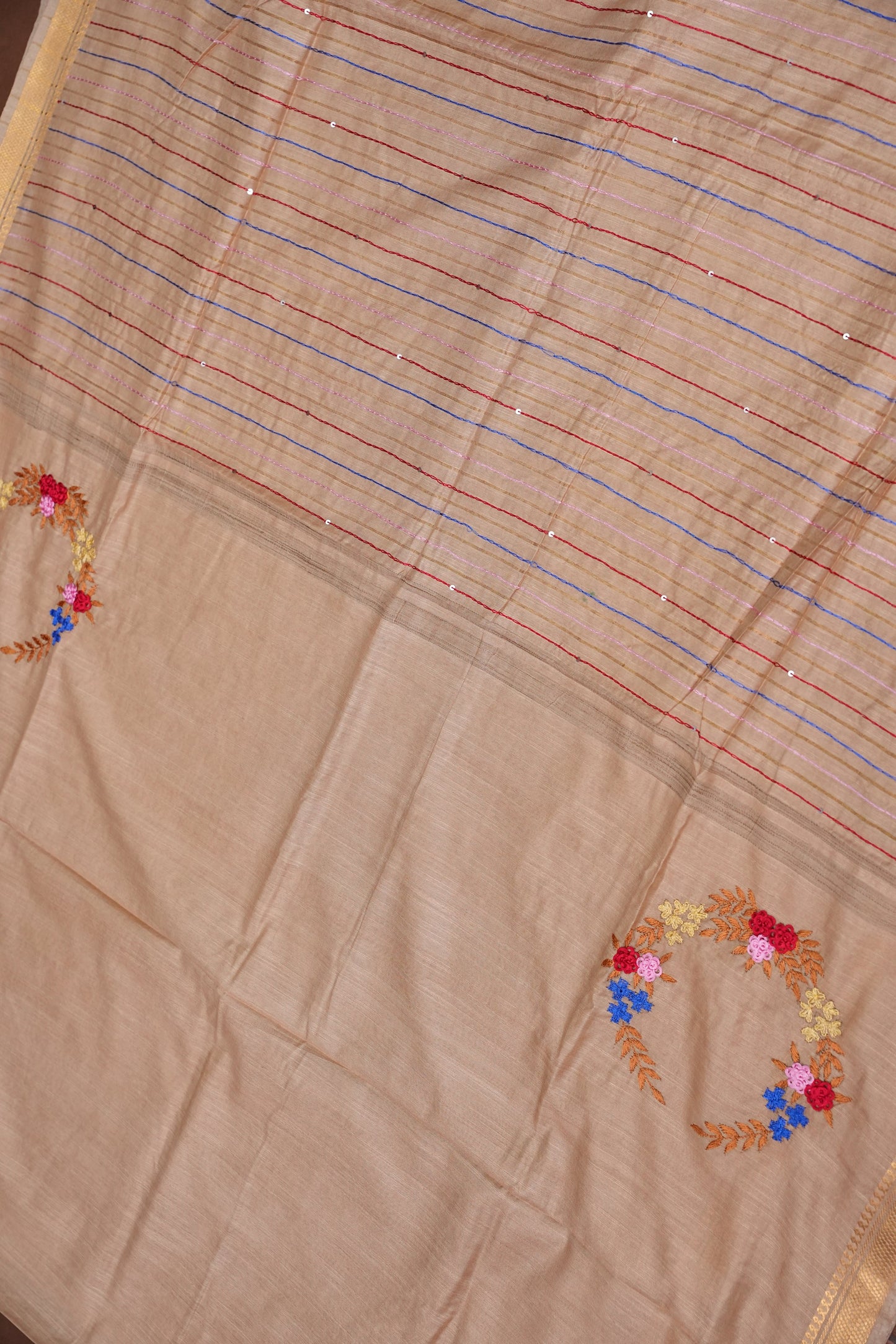 Hand Embroidery Pure Linen Silk Saree With Gold Zari Border - Beige Nude Shade