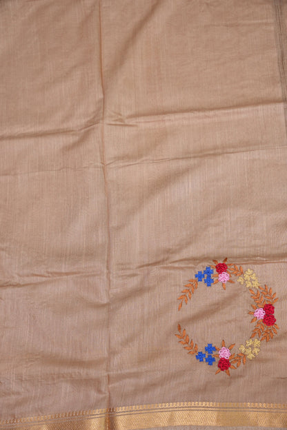 Hand Embroidery Pure Linen Silk Saree With Gold Zari Border - Beige Nude Shade