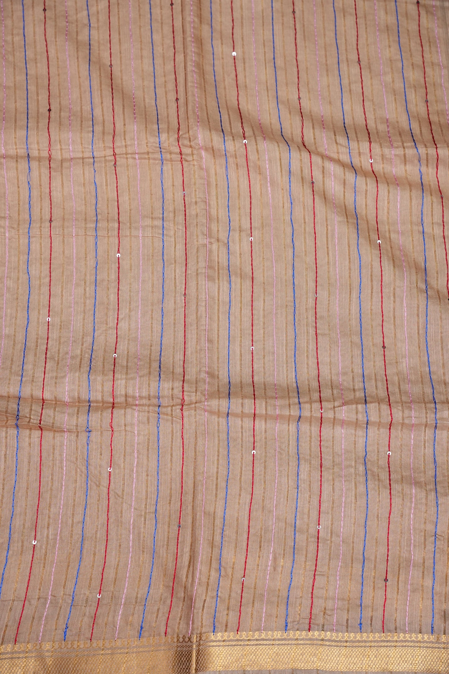 Hand Embroidery Pure Linen Silk Saree With Gold Zari Border - Beige Nude Shade