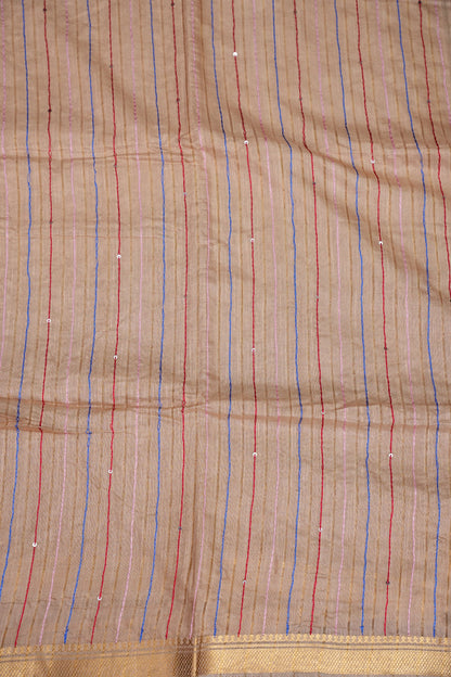 Hand Embroidery Pure Linen Silk Saree With Gold Zari Border - Beige Nude Shade