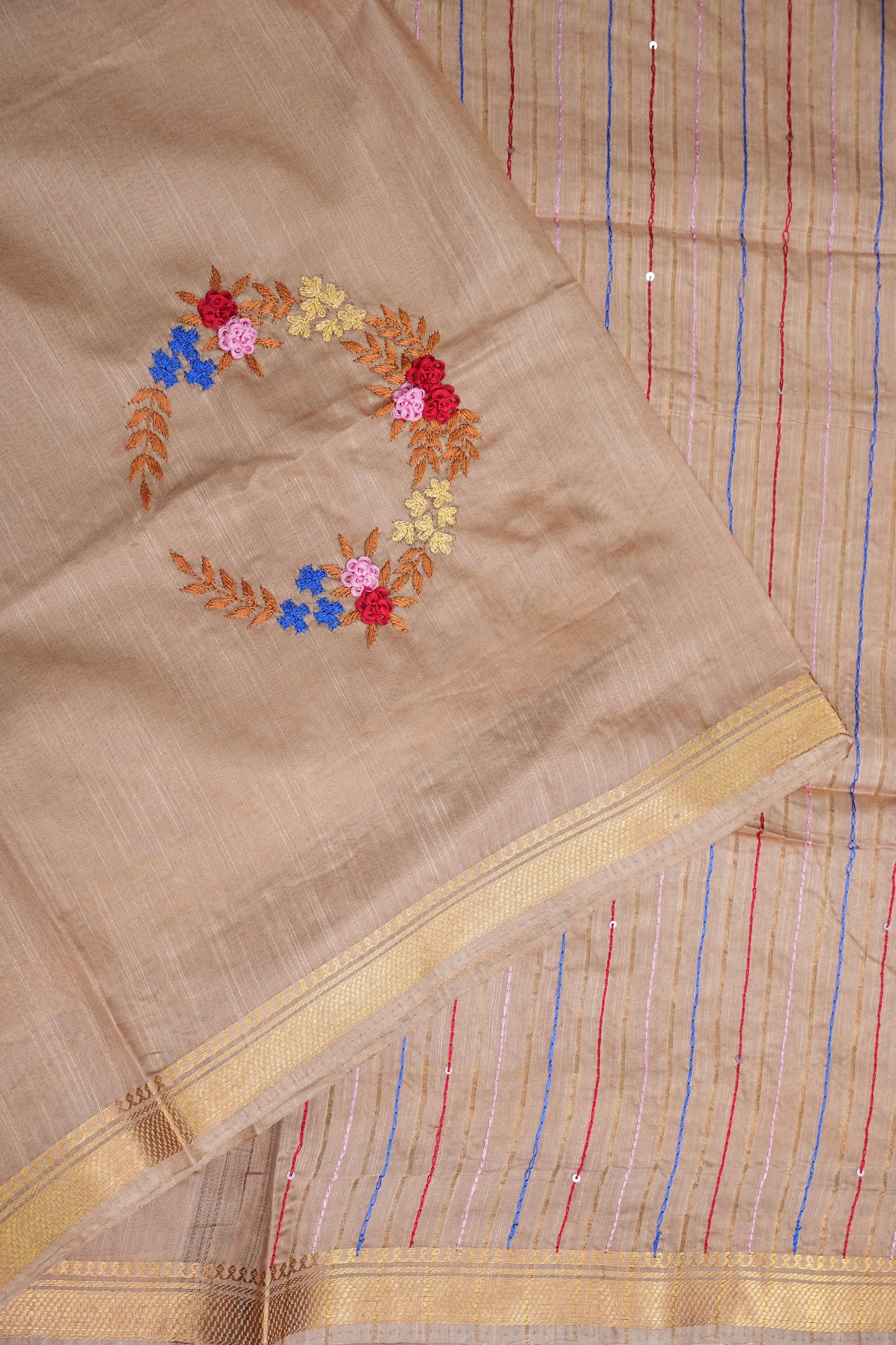 Hand Embroidery Pure Linen Silk Saree With Gold Zari Border - Beige Nude Shade