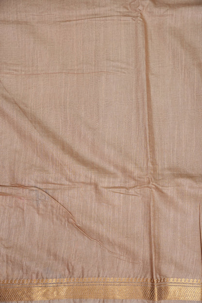 Hand Embroidery Pure Linen Silk Saree With Gold Zari Border - Beige Nude Shade