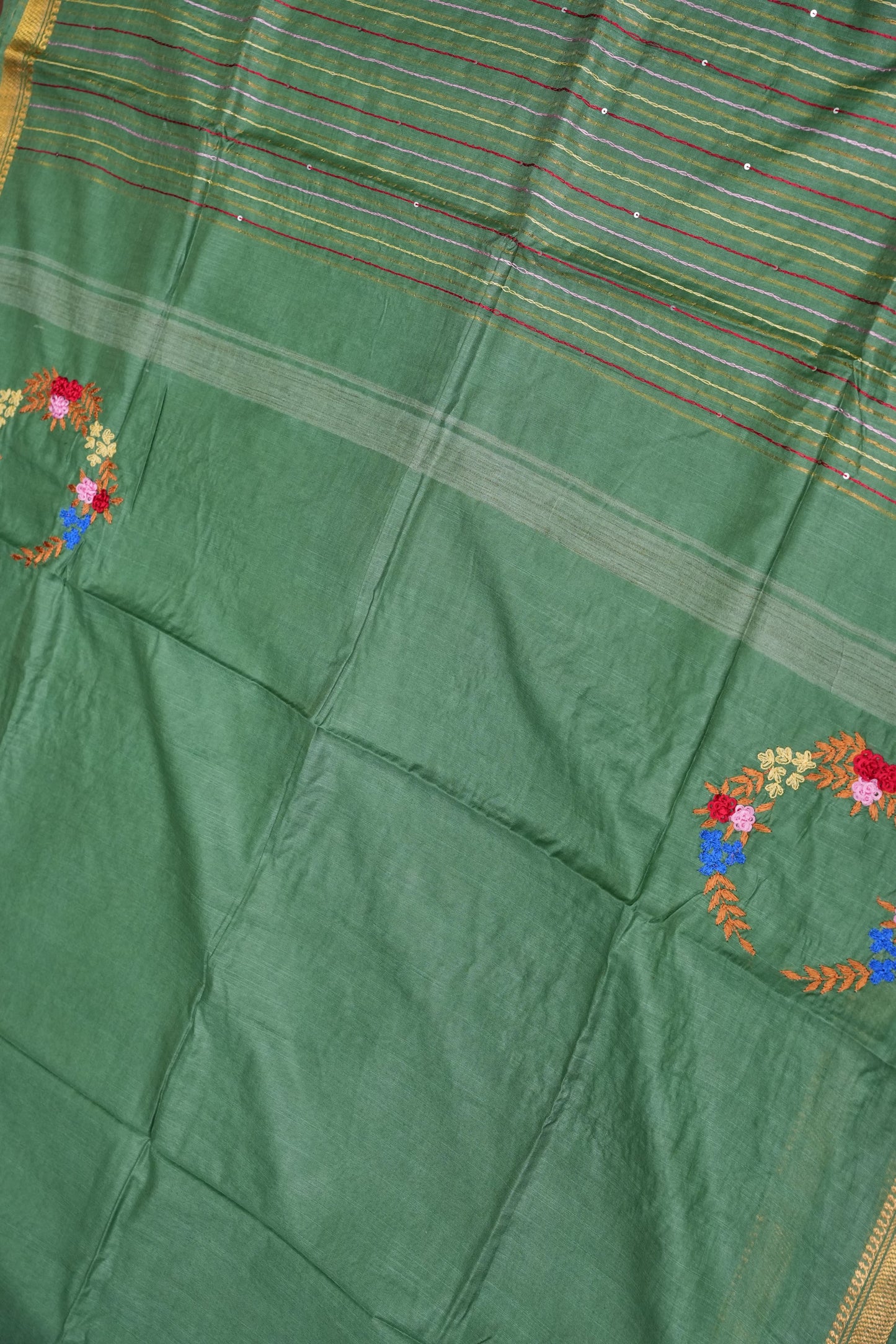 Hand Embroidery Pure Linen Silk Saree With Gold Zari Border - Deep Leaf Green