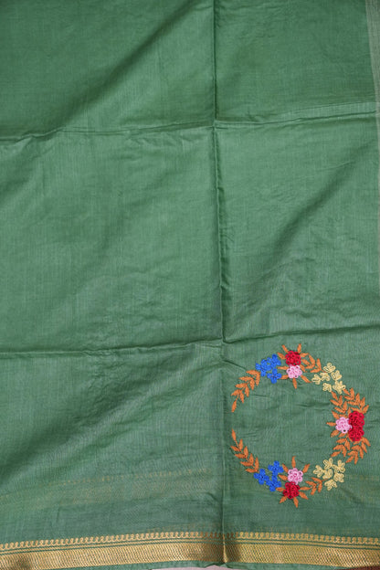 Hand Embroidery Pure Linen Silk Saree With Gold Zari Border - Deep Leaf Green