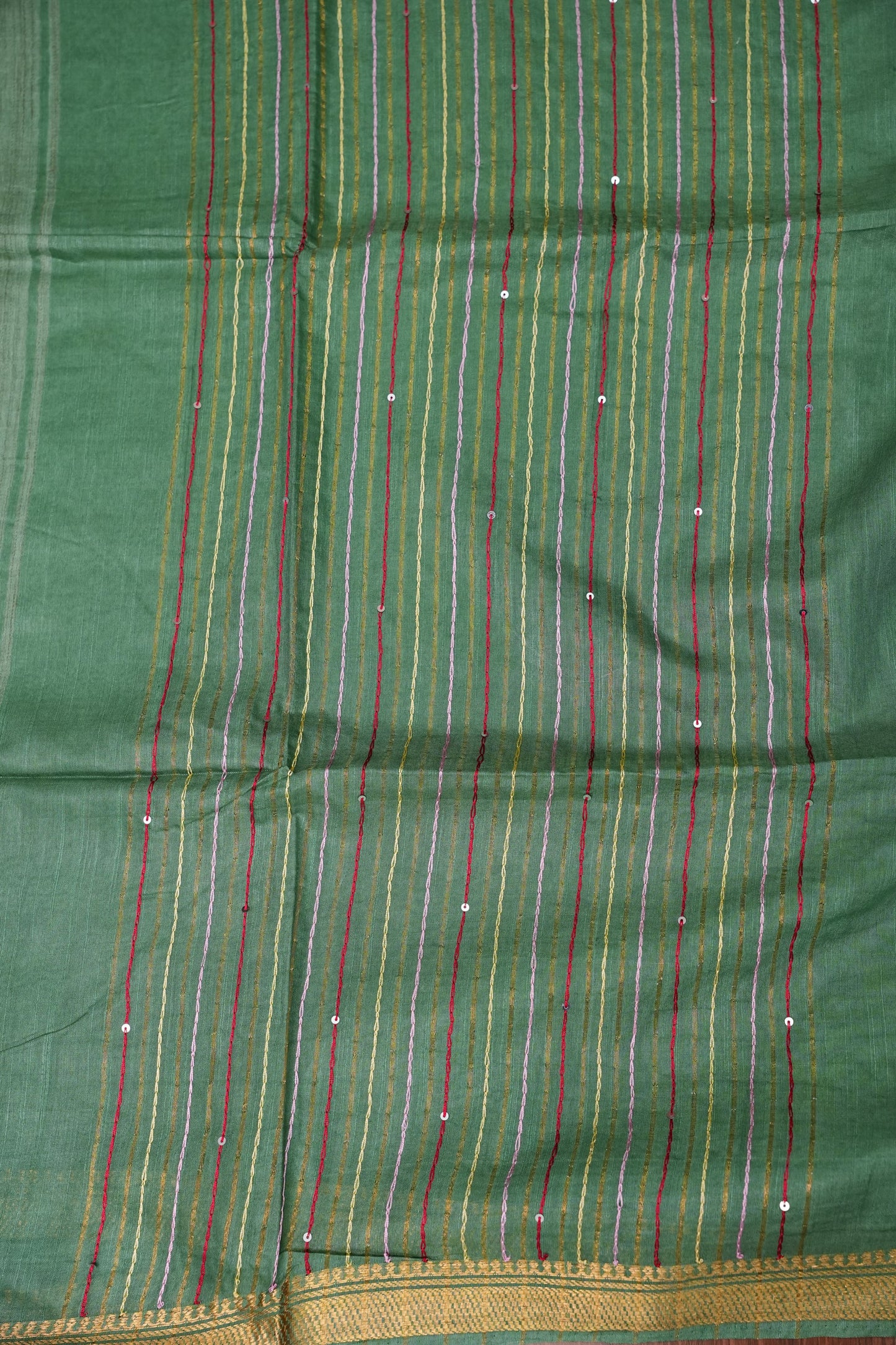 Hand Embroidery Pure Linen Silk Saree With Gold Zari Border - Deep Leaf Green